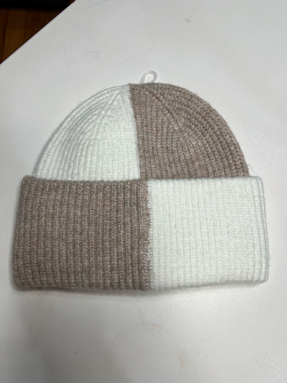 Two-Tone Knit Beanie Hat - White & Taupe for Men